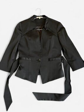 Elegant Black Satin Tie-Waist Blazer Jacket 3/4 Sleeve Avant-Garde XS